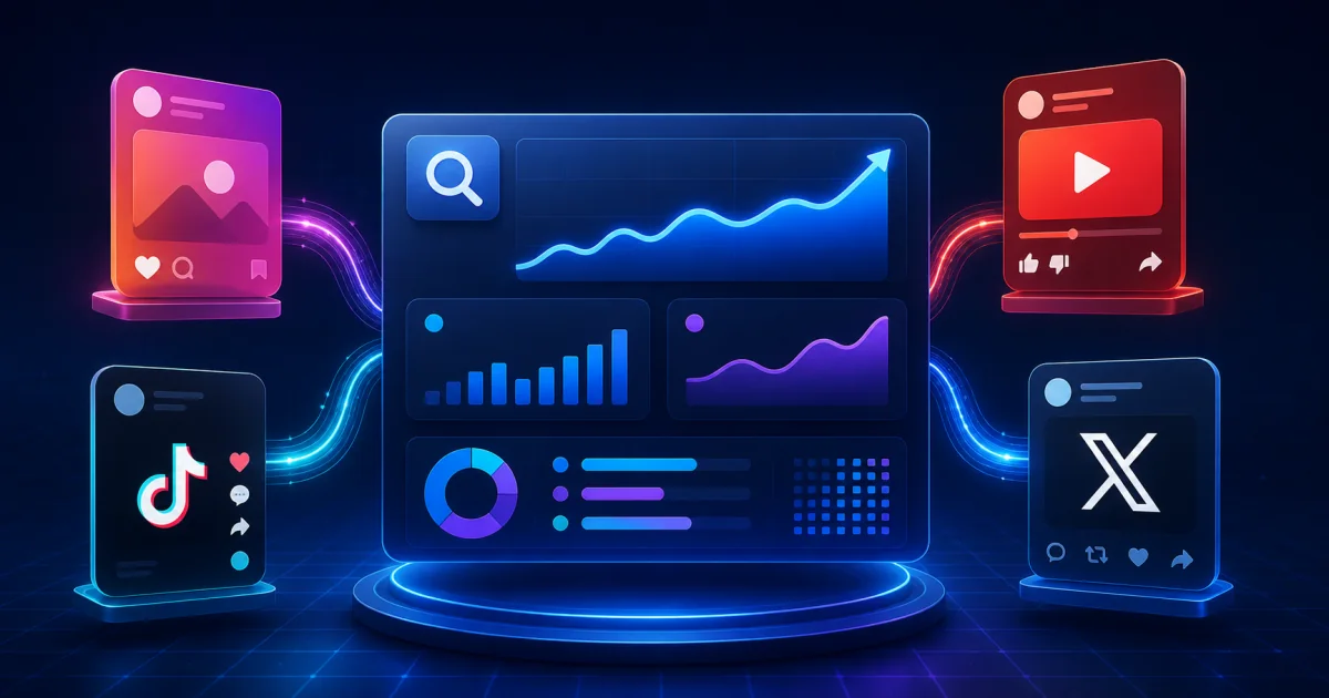 Illustration of Instagram, YouTube, TikTok, and X content cards connected to a Google Search Console analytics dashboard