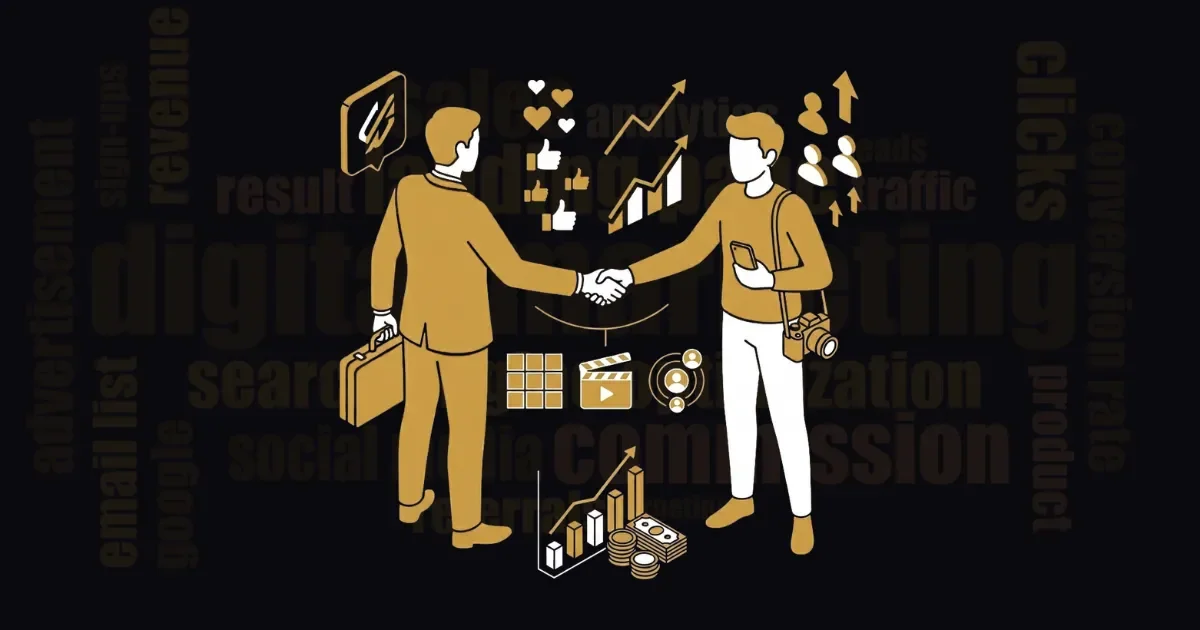 Influencer marketing iş birliği sürecini gösteren, içerik üretici ve marka ilişkisi illüstrasyonu