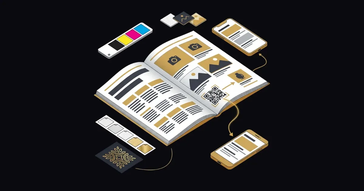 Katalog ve broşür tasarım sürecini gösteren, sayfa düzeni ve baskı detayları illüstrasyonu