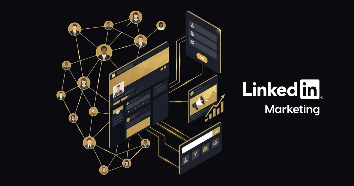 LinkedIn B2B pazarlama stratejisini gösteren, profesyonel ağ ve iş geliştirme illüstrasyonu