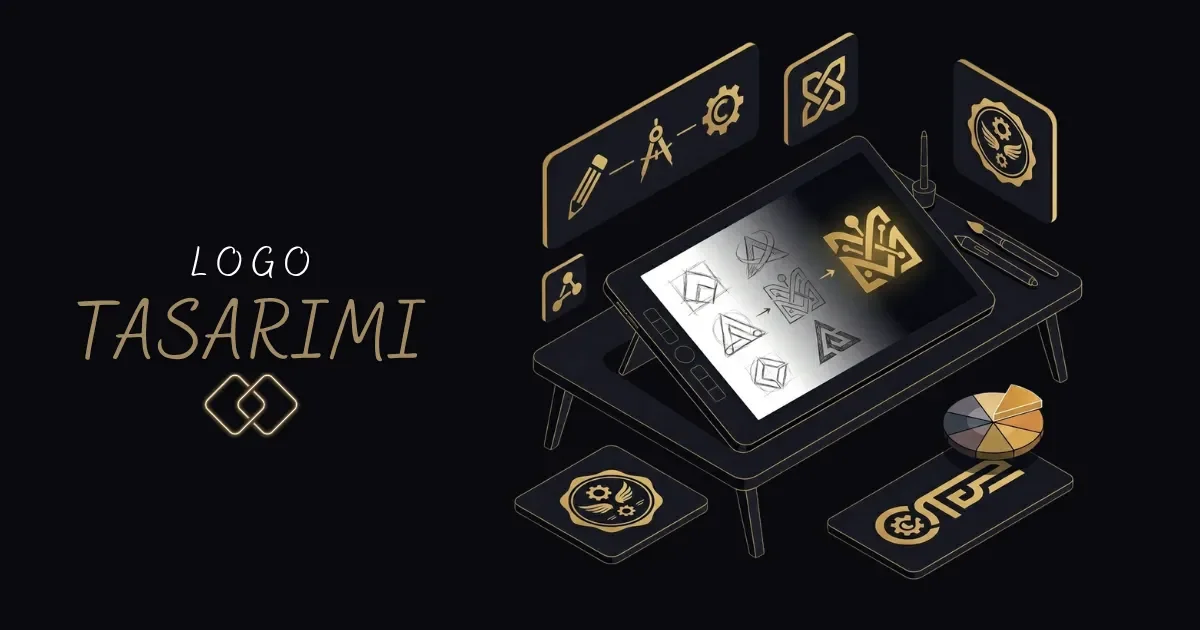 Logo tasarım sürecini gösteren, farklı logo türleri ve tasarım eskizleri illüstrasyonu