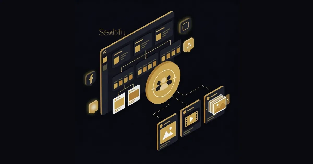 Meta reklam yönetimi sürecini gösteren, Facebook ve Instagram Ads hedefleme ve kreatif strateji illüstrasyonu