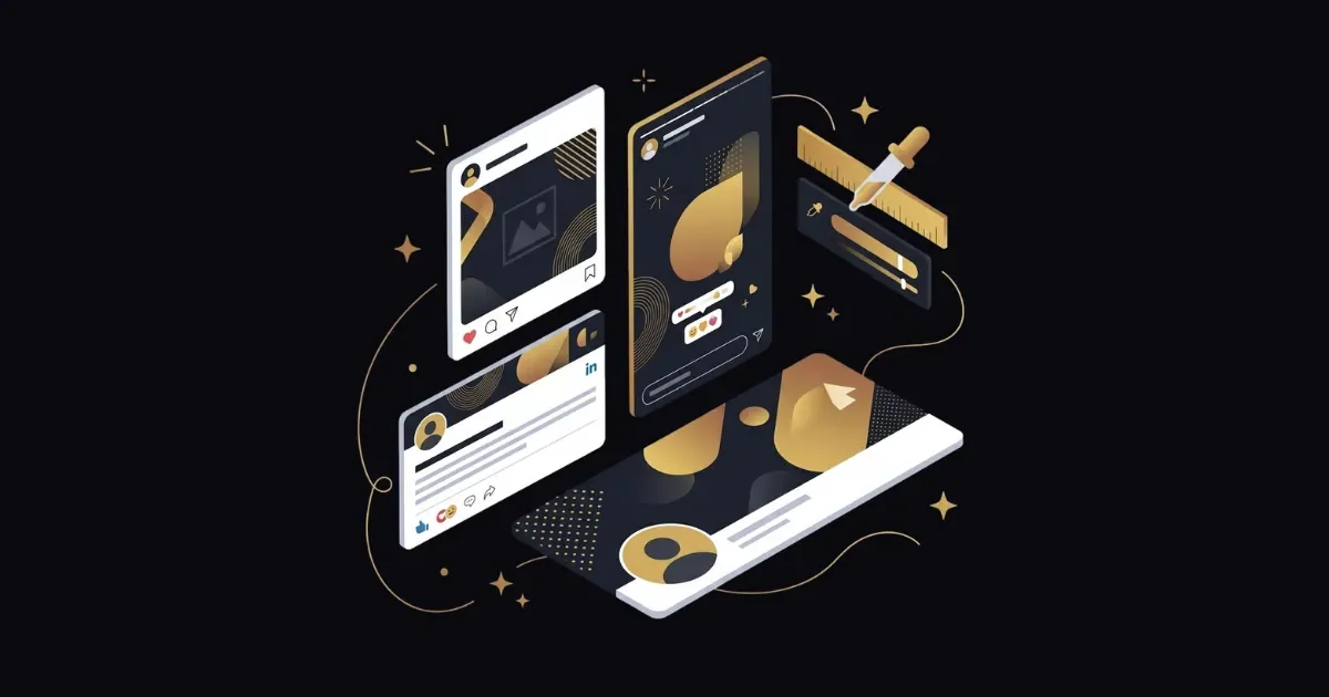 Sosyal medya görsel tasarım sürecini gösteren, farklı platformlar için örnek görseller illüstrasyonu